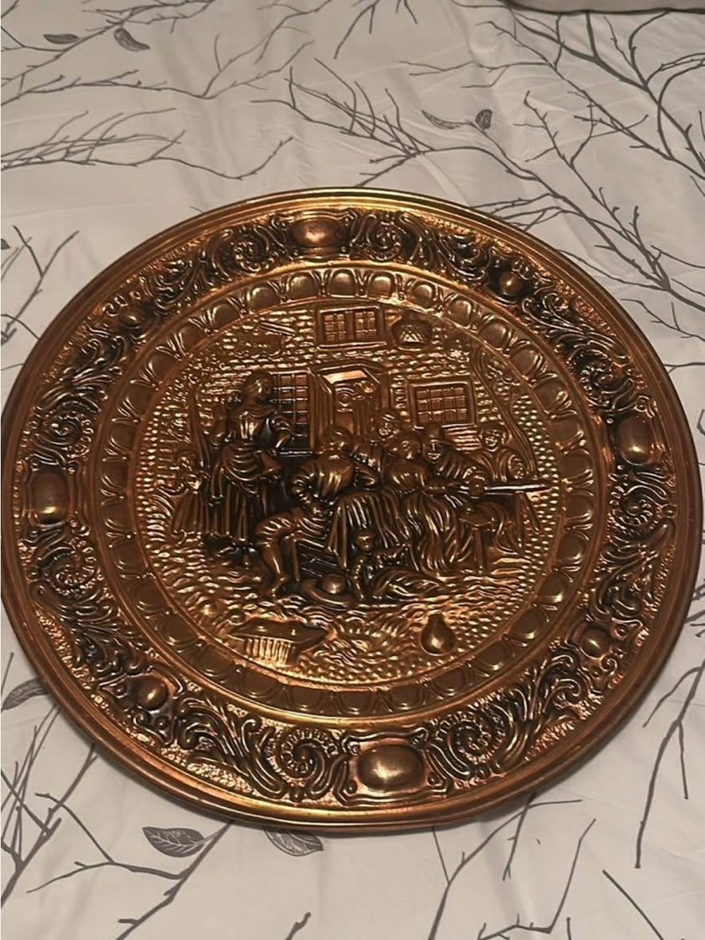 Decorative Embossed Copper Wall Plate - Ornate Village Scene